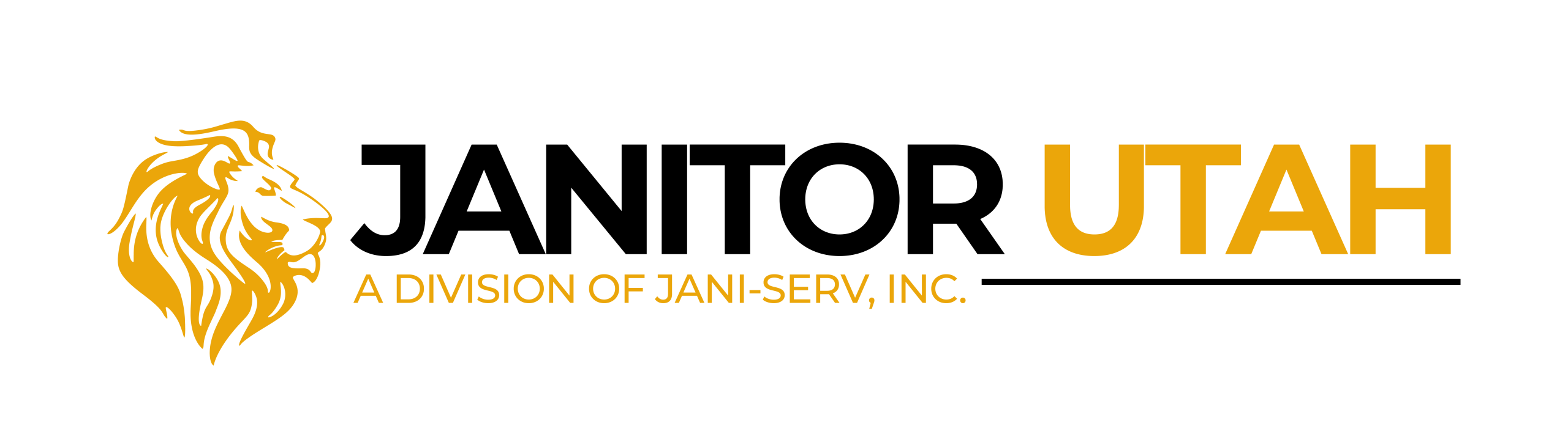 Janitor Utah lion logo in yellow, landscape. Janitorial commercial cleaning services in Utah